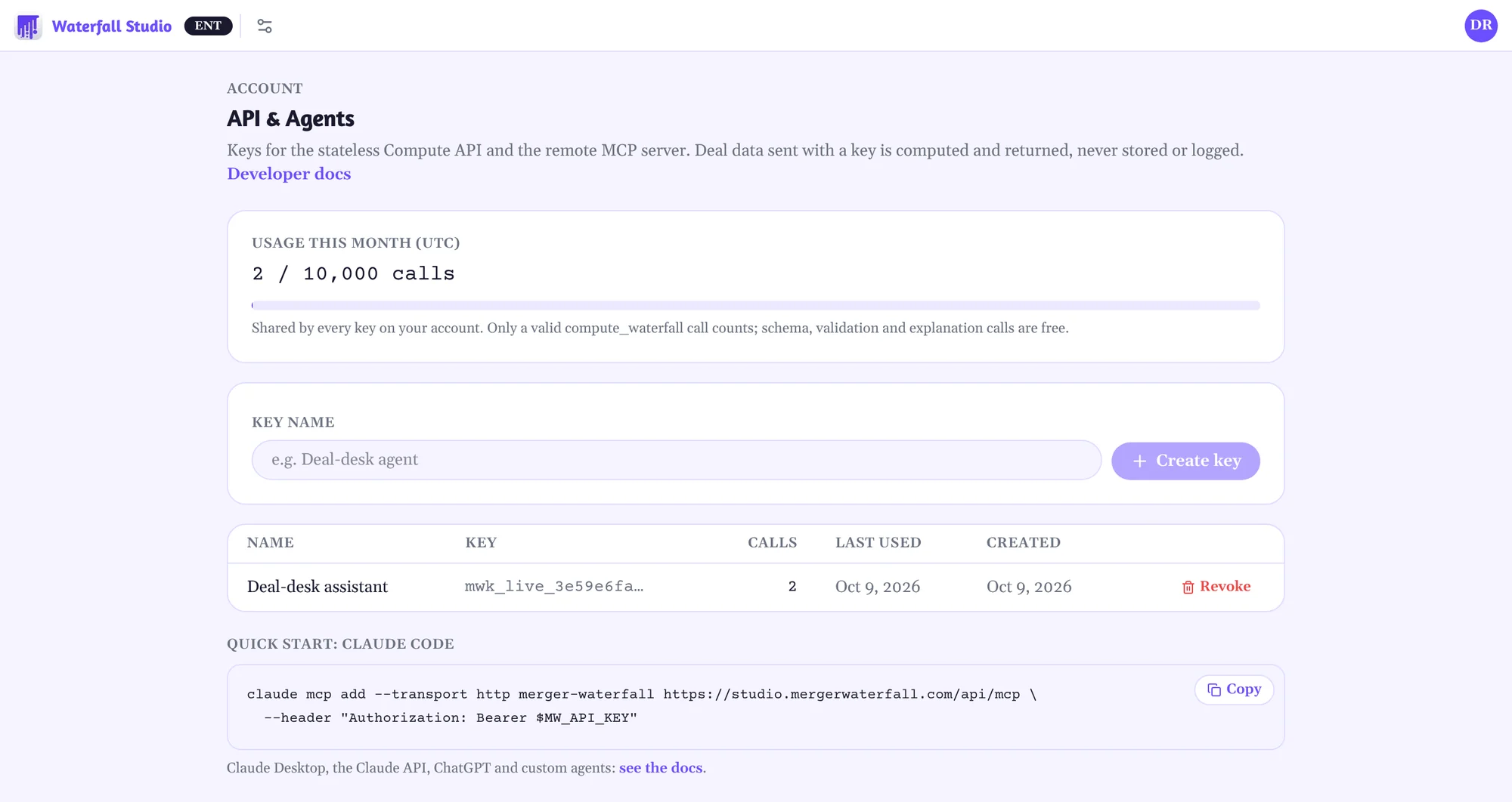 Studio's API & Agents settings: usage of 2 of 10,000 calls this month, one key named 'Deal-desk assistant', and a one-line command to add the server to Claude Code.