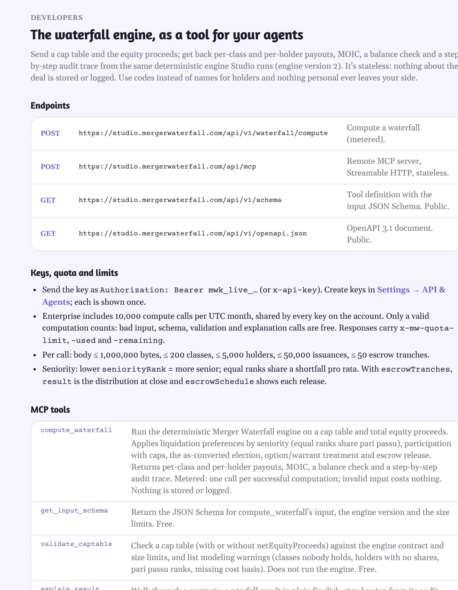 Studio's developer page listing the endpoints, the quota and limits, and the four MCP tools: compute_waterfall, get_input_schema, validate_captable and explain_result.