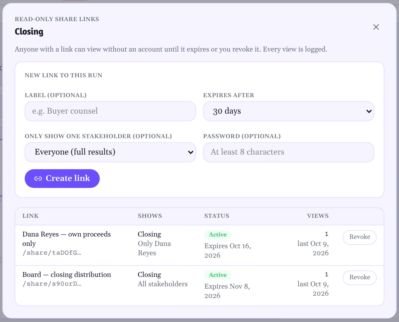 The share links panel for the Closing run with two active links: one showing only Dana Reyes, one showing all stakeholders, each with an expiry date and view count.